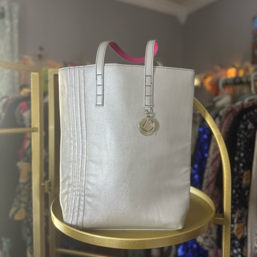 NWOT Silver Tote Bag with Pink Lining